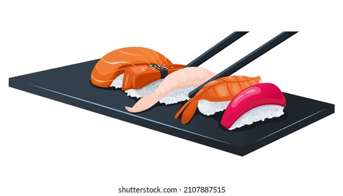 El sushi de sashimi se encuentra en una bandeja negra. La cocina japonesa en el restaurante. La comida japonesa. Aislado sobre fondo blanco. Estilo plano. La comida japonesa. Ilustración vectorial. 