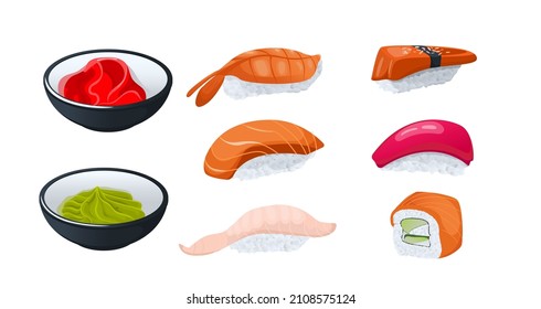 Sashimi sushi set. Wasabi and ginger in black cups. Japanese cuisine in the restaurant. Japanese food. Isolated on white background. Flat style. Vector illustration.