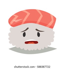 Sashimi upset emoji vector illustration. Cute upset sushi  icons. Sashimil whith salmon funny sticker, flat cartoon style. Isolated on white background
