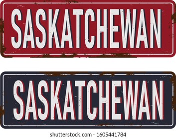 Saskatchewan, Canada rustet metal road sign on a white background