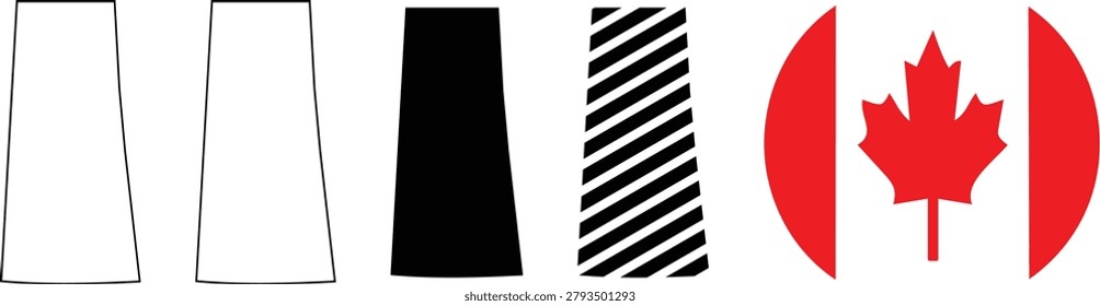 Saskatchewan province map silhouette vector illustration collection featuring various graphic styles like solid black outline stripes and maple leaf flag symbol.