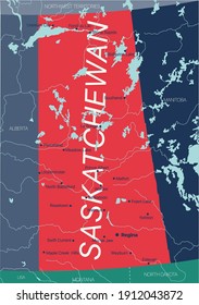 Saskatchewan province vector editable map of the Canada with capital, national borders, cities and towns, rivers and lakes. Vector EPS-10 file
