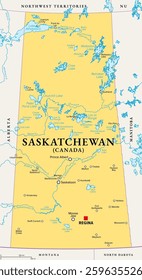 Saskatchewan, province in Western Canada, political map with boundaries, and largest cities, rivers and lakes. One of the prairie provinces, with capital Regina and the largest city Saskatoon. Vector