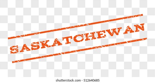 Saskatchewan watermark stamp. Text tag between parallel lines with grunge design style. Rubber seal stamp with unclean texture. Vector orange color ink imprint on a chess transparent background.