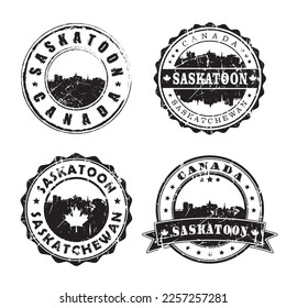 Postmark del sello Saskatchewan Skyline de Saskatoon. Pasaporte postal de Silhouette. Conjunto de iconos del vector de redondeo de la ciudad. Postage de cosecha de vintage 

Diseño.