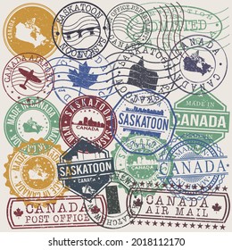 Saskatoon, SK, Canada Set of Stamps. Travel Stamp. Made In Product. Design Seals Old Style Insignia.