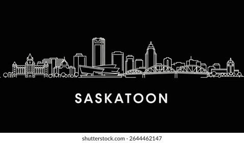Saskatoon Skyline with Canada Vector Outline.
