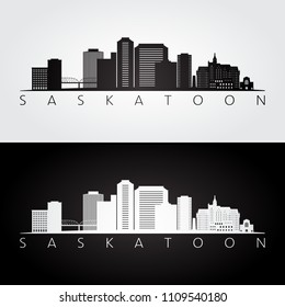 Saskatoon skyline and landmarks silhouette, black and white design, vector illustration.