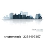 Saskatoon skyline silhouette with reflection. Landscape Saskatoon, Saskatchewan. Vector illustration.