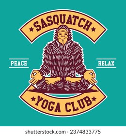 Sasquatch Big Foot Character Design doing Yoga with Hand Drawing Vector Illustration in Patch Design Style