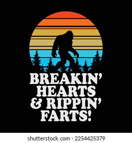 Sasquatch Breakin Hearts AND Rippin Farts! Funny Bigfoot Gas Sunset Eighties Distressed