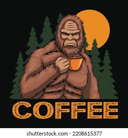 Sasquatch drink coffee retro vector illustration for your company or brand