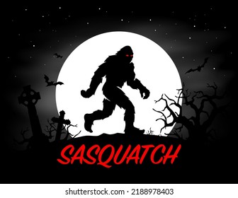 Sasquatch full moon halloween poster. Haunted cemetery bigfoot silhouette. Hairy cryptid creature graphic. Vector illustration. svg