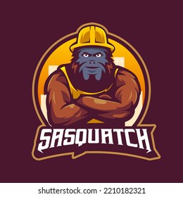 Sasquatch Mascot Logo Design Illustration Vector. Bigfoot Wears Constructor Uniform