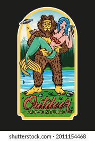 Sasquatch and Mermaid. Outdoor Adventure Logo. Vector Illustration.