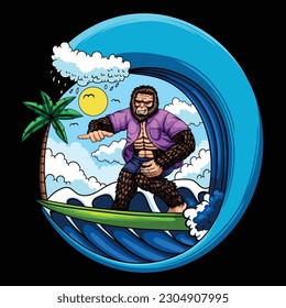 Sasquatch surfing with waves vector illustration for your company or brand