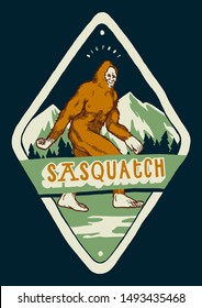 Sasquatch T-shirt Print - Bigfoot Walking In The Mountains - Vintage Typography Illustration Badge