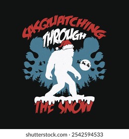 Sasquatching Through The Snow - Footprint Of Bigfoot Sasquatch Christmas T-Shirt Design.