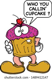 Sassy Cartoon dessert snack character, with purple icing, giving back sass after being called a cupcake. 