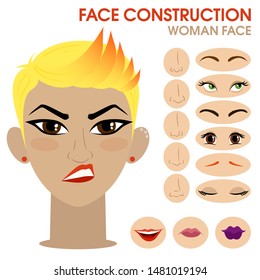 Sassy girl. Woman face constructor. Cartoon vector style. Creation of spare parts. Different eyes, eyebrows, lips, nose. Character. Vector.