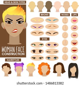 Sassy girl. Woman face constructor. Cartoon vector style. Creation of spare parts. Different hairstyles and hair color, eyes, eyebrows, lips, nose, head shape and skin color. Different nationality.