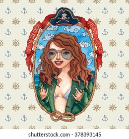 sassy pirate girl in rope frame with landscape of sea and clouds. nautical seamless pattern with ship helms and anchors