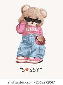 sassy slogan con linda muñeca de oso en grunge pastel ilustración vectorial de moda