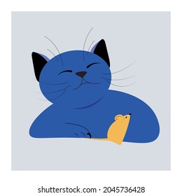 A sassy winning cat holds a mouse with a single nail. Editable Vector illustration. Harassment concept.