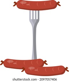 Sasuages on fork, illustration, vector on a white background.