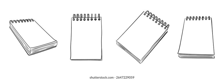 Uma página em branco de um caderno. Vetor esboça um bloco de notas com mola na arte da linha. ilustração desenhada à mão. Para notas, memorização, checklists, scrapbook, escritório ou tema da escola.