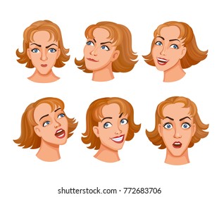 Sat of cartoon young women face expresses emotions. Different expressions of female faces. Facial expressions with offense, amazement, humor, cunning, love and romance, fun. The girl sings a song