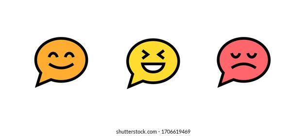 Sat of Chat, comment, message, smile icons. Editable vector outline. Bubble graphic design funny, happy and sad face.