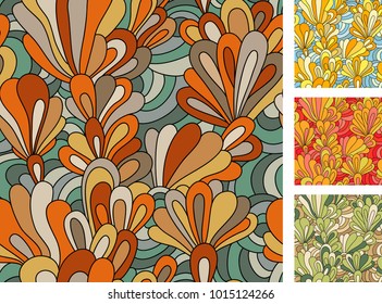 Sat with eamless pattern with flowers. Hand drawn floral texture. Yellow, beige, blue, brown, orange, red colors.