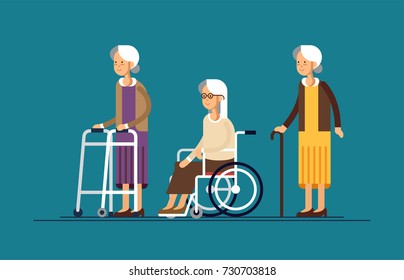 Sat of grandmothers in a wheelchair and with walking stick and paddle walker. Vector illustration in a flat style of elderly woman