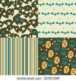 Sat of Halloween seamless patterns. Childish background. Holiday design. Vector illustration.