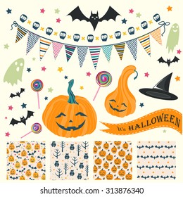 Sat of Halloween seamless patterns and design elements with scary faced pumpkin, bat and star. Hand drawn holiday design for fabric, wrapping paper, greeting cards, invitation, stationery. 