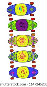 Sat of longboards with a beautiful rasta patterns. A vector illustration.