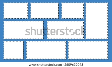 Sat of mockup postage stamps with shadow . Banners, sticker, writing text, notes, labels and badges, square postage stamp and Squares and rectangles shape set. various sizes with zigzag smooth edges	

