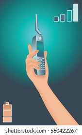 Sat phone in woman's hand. Portable satellite phone with antenna.  Vector illustration.