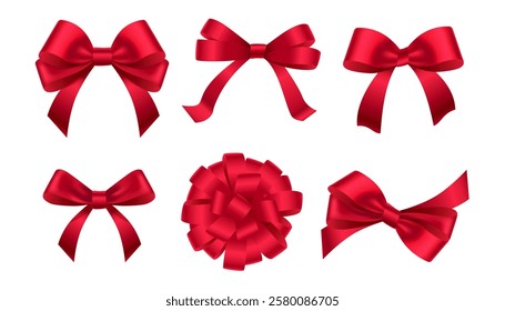 Sat of realistic vector satin bows with a glossy, elegant finish. Perfect for gift wrapping, festive decorations, weddings, and celebrations. High design, isolated on a transparent background.