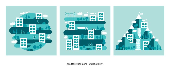 Sat of urban and rural landscape. Ecology, environmental protection: production, plant, plant, pollution, smoke, building. Vector flat illustrations