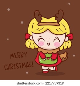 Sata girl holding Christmas letter cartoon. X mas card (happy new year kids) kawaii vector for fairy tale book. Perfect make a wish for celebration party children, princess party, pattern, background.