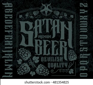 Satan beer label set. Retro font set with hops ornament frame for making label design. 