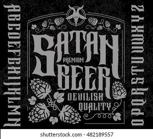 Satan beer label set. Retro font set with hops ornament frame for making label design. 