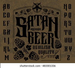 Satan beer label set. Retro font set with hops ornament frame for making label design. 