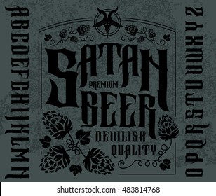 Satan beer label set. Retro font set with hops ornament frame for making label design. 