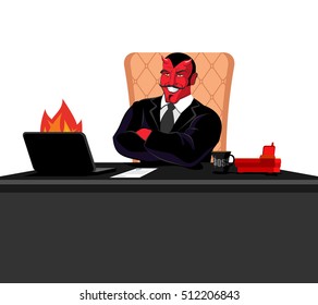 Satan Boss Sitting In Office. Devil Of Workplace. Red Demon At Work. Leader At Job Table. Laptop And Phone. Cup Of Coffee. Director Of Hell. Chair Of Human Skin.