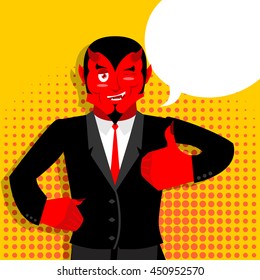 Satan hands shows thumbs up. Sign all right. Hand showing ok. style of pop art  Bubble for text. Gesture of arm. Funny demon. Heck with horns. Crafty devil. Beelzebub Prince of darkness. Diablo