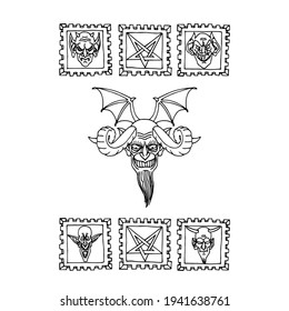 satan head, devil with bat wings and horns, religious symbol of evil, pentagram ornament, vector illustration with black ink contour lines isolated on white background in cartoon and hand drawn style