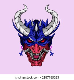 Satan head with japanese style culture illustration Sinister masks of Japanese demons and monsters